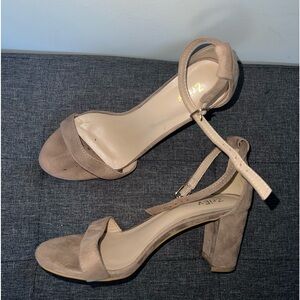 Tan suede open toe heels with ankle strap and buckle